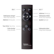 Fernbedienung für Deckenleuchte, schwarz, mit Funktionen zur Farbtemperaturregelung, Dimmen und Timer, Vorderansicht.