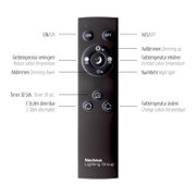 Fernbedienung für Deckenleuchte, schwarz, mit Funktionen zur Farbtemperaturregelung, Dimmen und Timer, Vorderansicht.