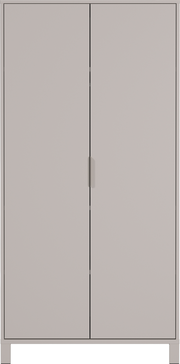 Moderner Kleiderschrank in grauer Farbe, frontal abgebildet mit zwei Türen und minimalistischen Griffen.