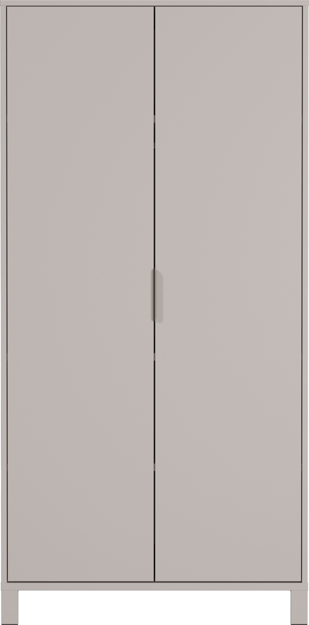 Moderner Kleiderschrank in grauer Farbe, frontal abgebildet mit zwei Türen und minimalistischen Griffen.