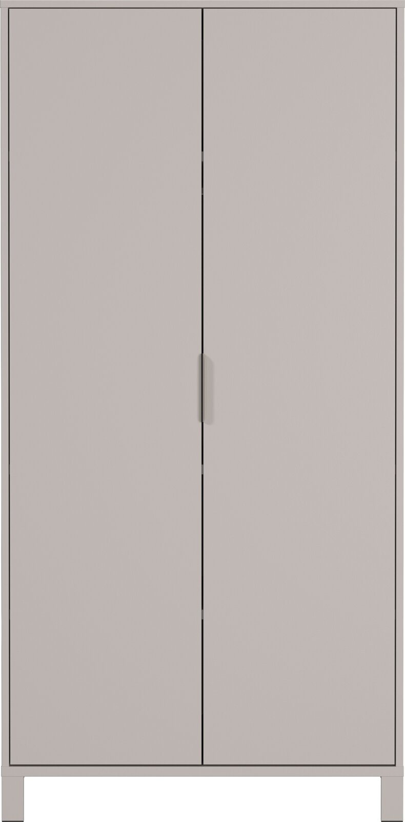 Moderner Kleiderschrank in grauer Farbe, frontal abgebildet mit zwei Türen und minimalistischen Griffen.