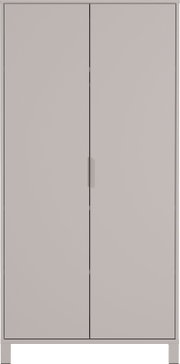 Moderner Kleiderschrank in grauer Farbe, frontal abgebildet mit zwei Türen und minimalistischen Griffen.