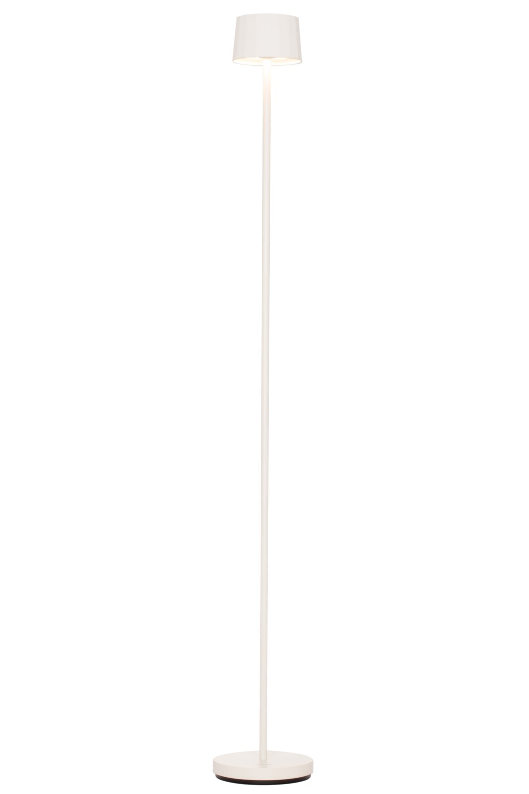 Moderne weiße Akku-Stehleuchte in Frontalansicht mit schlankem Design und rundem Lampenschirm.