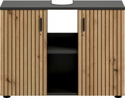 Modernes Sideboard/Waschbecken-Unterschrank in Holzoptik mit vertikalen Lamellen, zwei Türen mit schwarzen Griffen und offenem mittleren Regal in Schwarz, Frontalansicht.