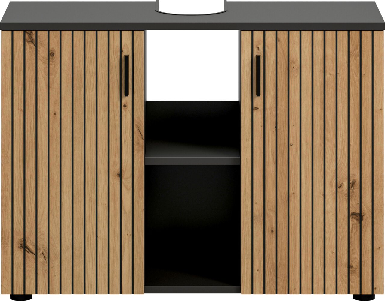 Modernes Sideboard/Waschbecken-Unterschrank in Holzoptik mit vertikalen Lamellen, zwei Türen mit schwarzen Griffen und offenem mittleren Regal in Schwarz, Frontalansicht.