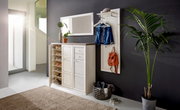 Heller Flur mit einem weißen Schuhschrank und Garderobenpaneel, dekoriert mit Pflanzen und Accessoires, seitliche Perspektive.