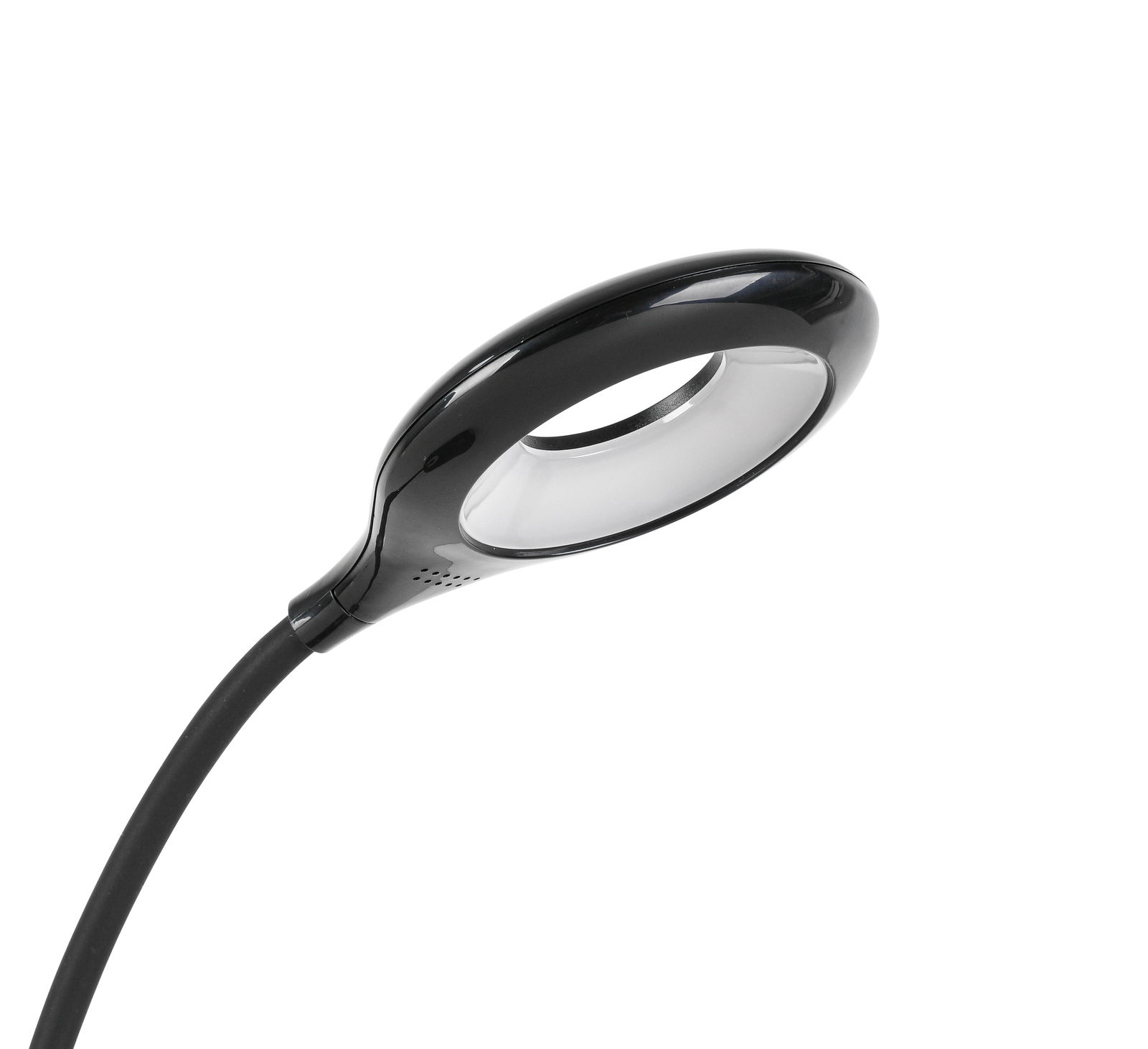 Schwarze LED-Schreibtischleuchte mit modernem, ovalem Lampenkopf, seitliche Perspektive