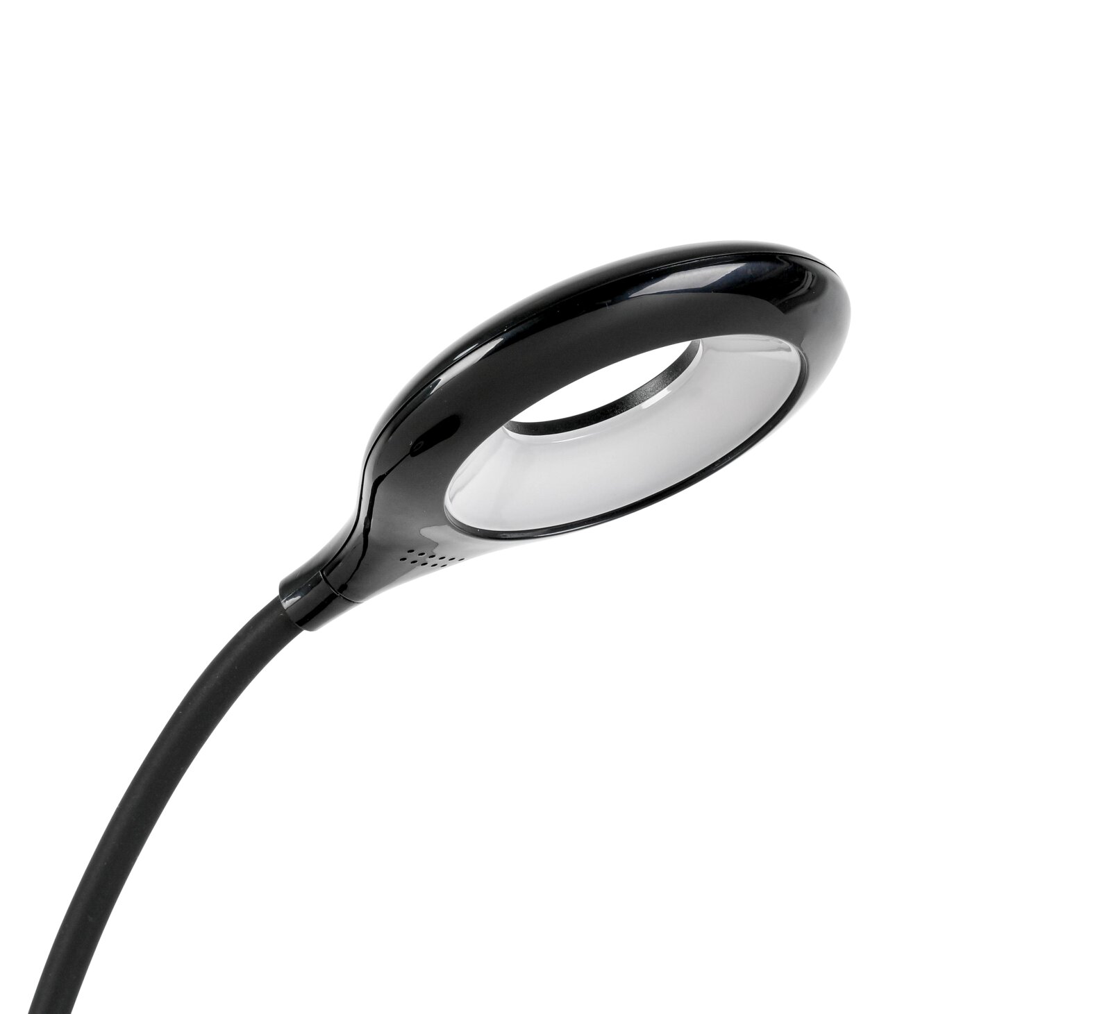 Schwarze LED-Schreibtischleuchte mit modernem, ovalem Lampenkopf, seitliche Perspektive