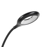 Schwarze LED-Schreibtischleuchte mit modernem, ovalem Lampenkopf, seitliche Perspektive