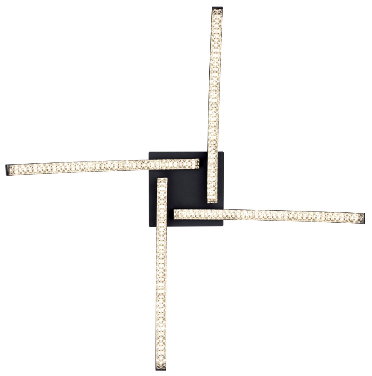 Moderne LED-Deckenleuchte Alois mit vier leuchtenden Armen in geometrischem Design, Ansicht von oben.