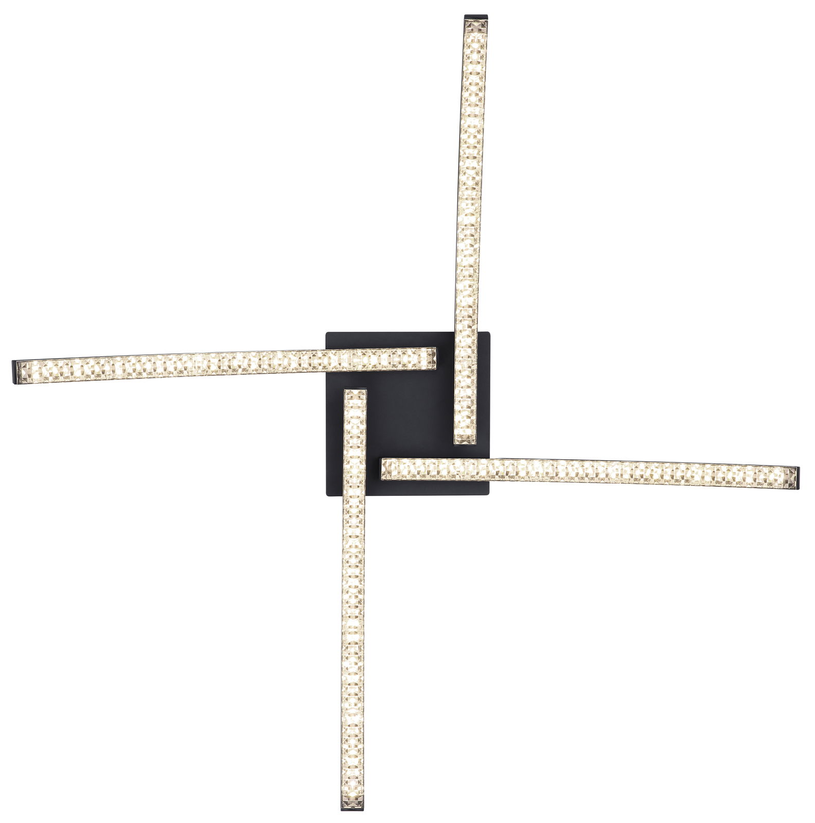 Moderne LED-Deckenleuchte Alois mit vier leuchtenden Armen in geometrischem Design, Ansicht von oben.