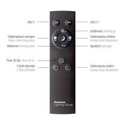 Fernbedienung für Wandleuchte PURE-M aus Aluminium, frontal abgebildet, mit Tasten für Ein/Aus, Dimmen, Farbtemperatur und Nachtlicht.