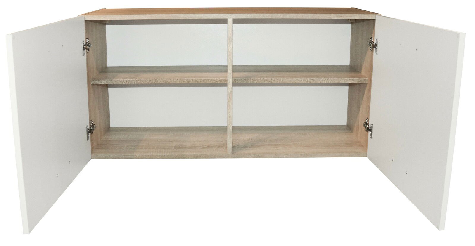 Offener Hängeschrank mit zwei Türen, zwei Regalböden und Holzoptik, frontale Ansicht