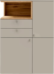 Moderne Kommode/Highboard in Beige mit offenem Holzfach, zwei Schubladen und zwei Türen, Frontansicht
