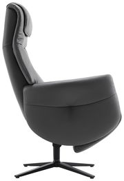 Seitliche Ansicht eines modernen, grauen Relaxsessels mit hoher Rückenlehne und drehbarem Fuß.