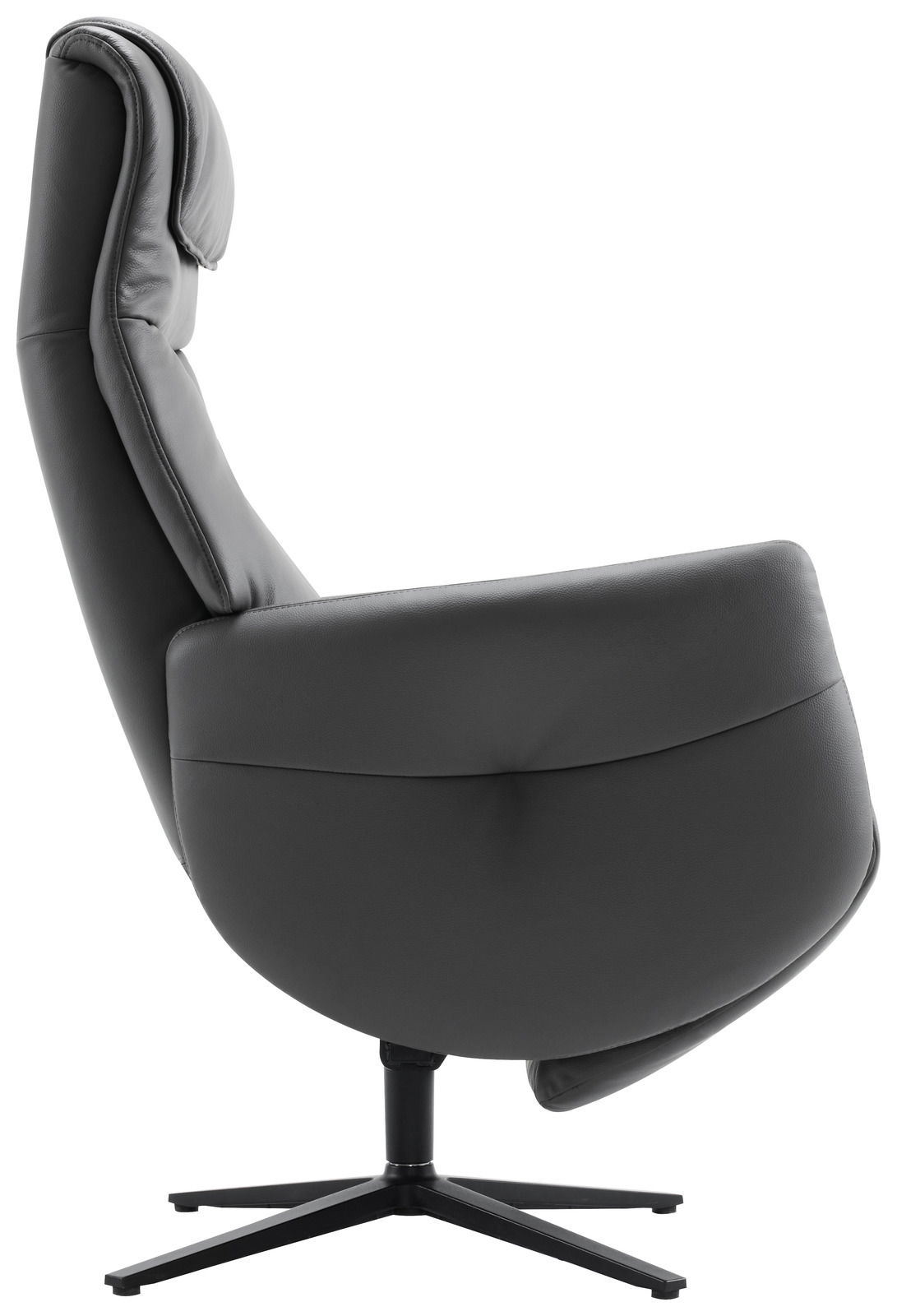 Seitliche Ansicht eines modernen, grauen Relaxsessels mit hoher Rückenlehne und drehbarem Fuß.