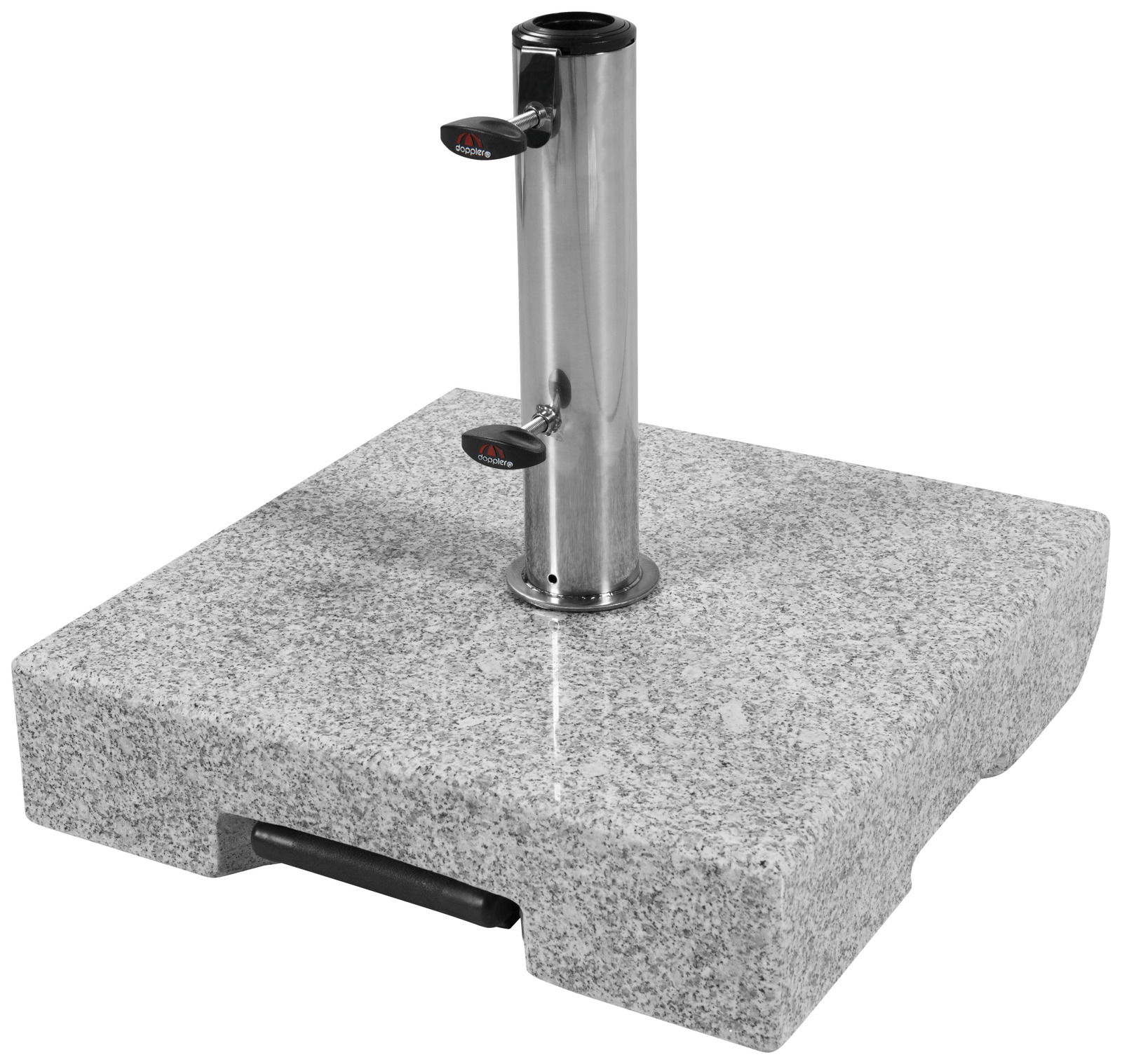 Granit-Sockel mit Edelstahlrohr, seitliche Perspektive