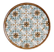 Pizzateller mit kunstvollem, symmetrischem Muster in Braun- und Grüntönen, Draufsicht