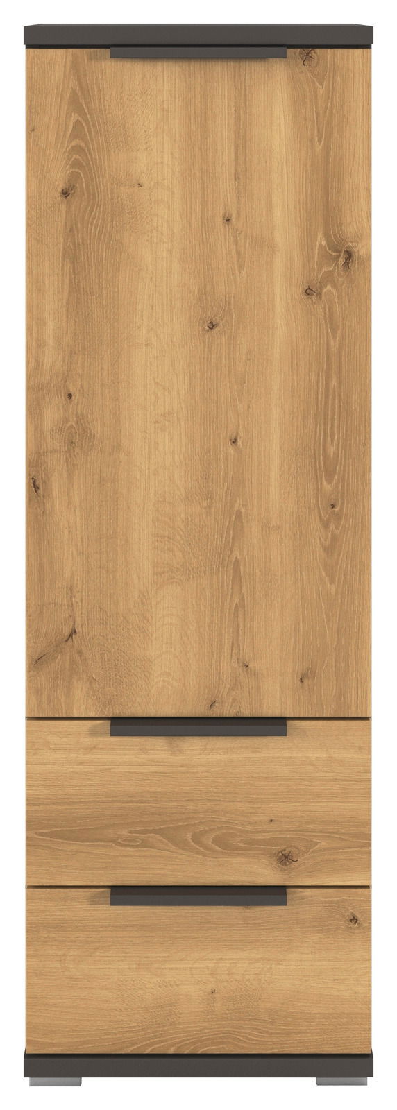 Hoch-Kommode aus Holz mit zwei Schubladen und einer Tür, Frontansicht