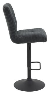 Seitenansicht eines modernen Barhockers mit schwarzem, geripptem Stoffbezug und schwarzem Metallfuß.