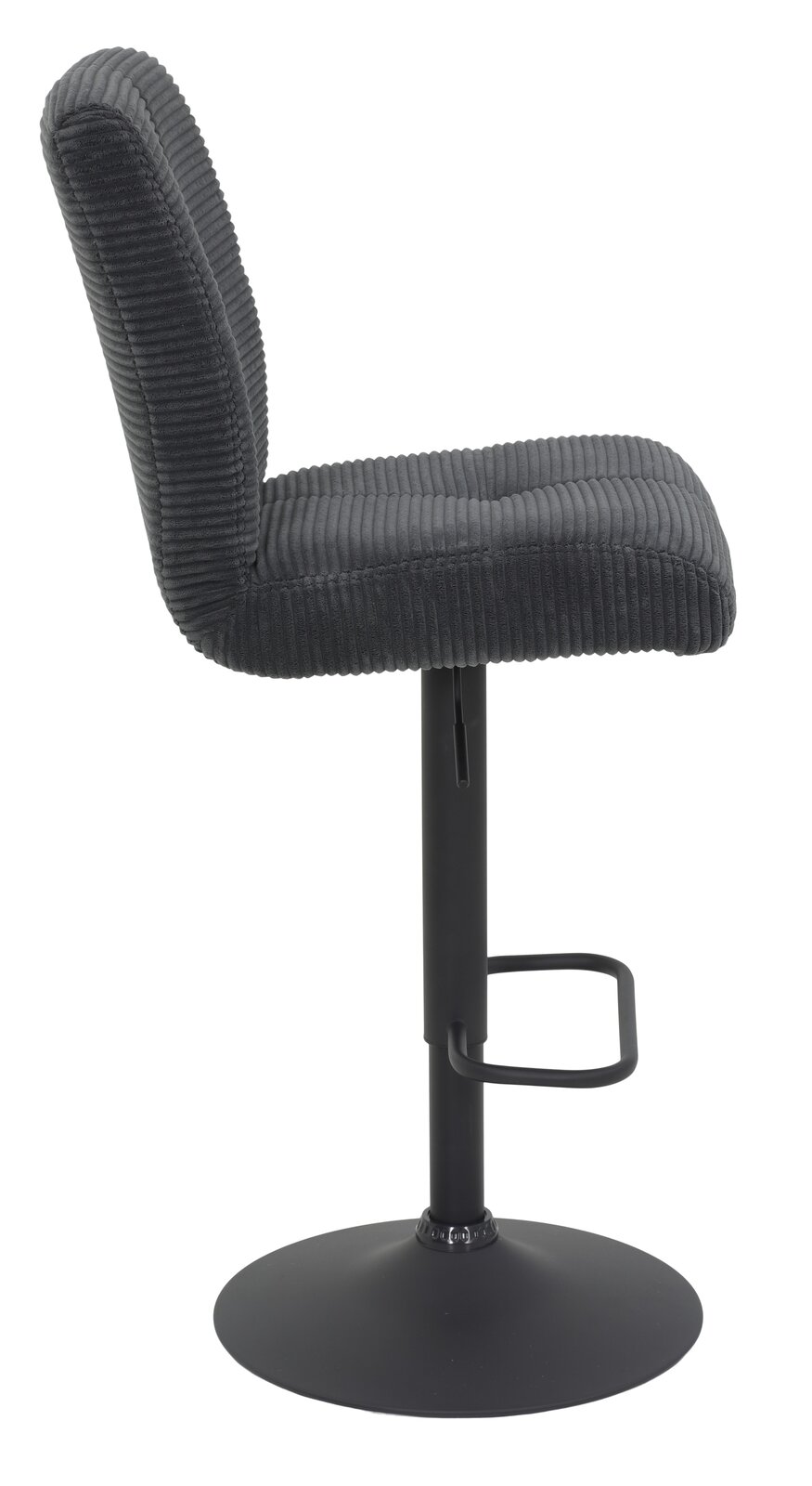 Z2 Barhocker LENI Seitenansicht eines modernen Barhockers mit schwarzem, geripptem Stoffbezug und schwarzem Metallfuß.