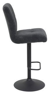 Seitenansicht eines modernen Barhockers mit schwarzem, geripptem Stoffbezug und schwarzem Metallfuß.