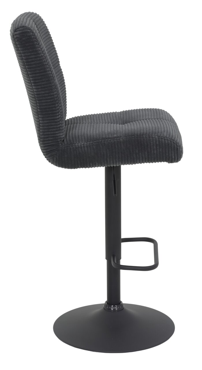 Zijaanzicht van een moderne barkruk met een zwarte, geribbelde stoffen bekleding en een zwart metalen onderstel.