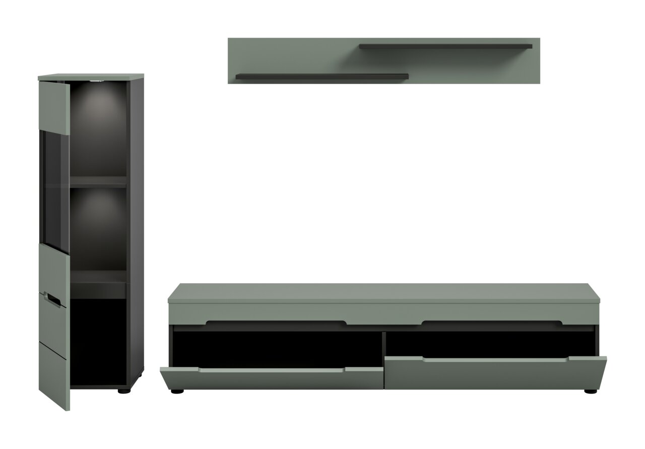 Modernes Wohnzimmermöbel-Set in Salbeigrün und Schwarz mit hohem Vitrinenschrank, Lowboard mit zwei Schubladen und zwei Wandregalen, frontal aus leicht schräger Perspektive dargestellt