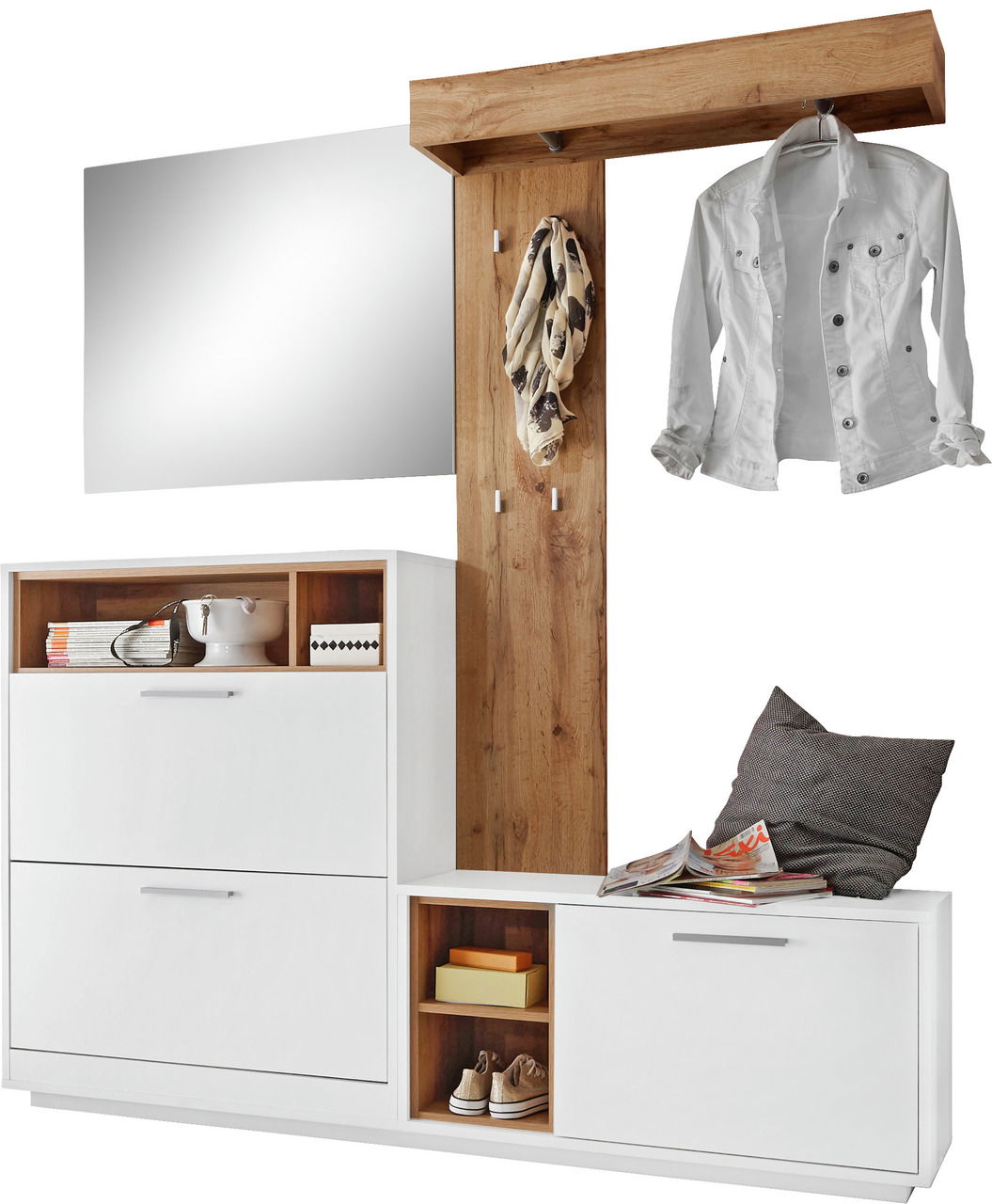 Kompakt-Garderobe in moderner Perspektive mit weißem Schrank, Holzdetails, Spiegel und Hakenleiste, ideal für Flur oder Eingangsbereich.