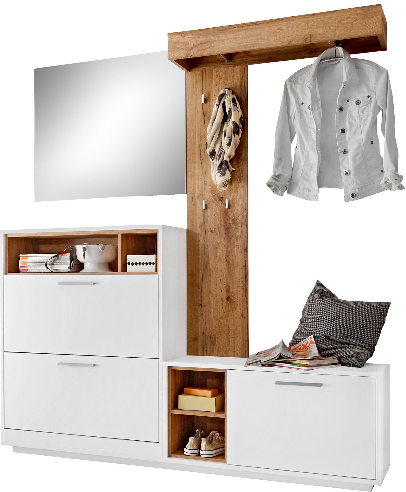 Kompakt-Garderobe in moderner Perspektive mit weißem Schrank, Holzdetails, Spiegel und Hakenleiste, ideal für Flur oder Eingangsbereich.