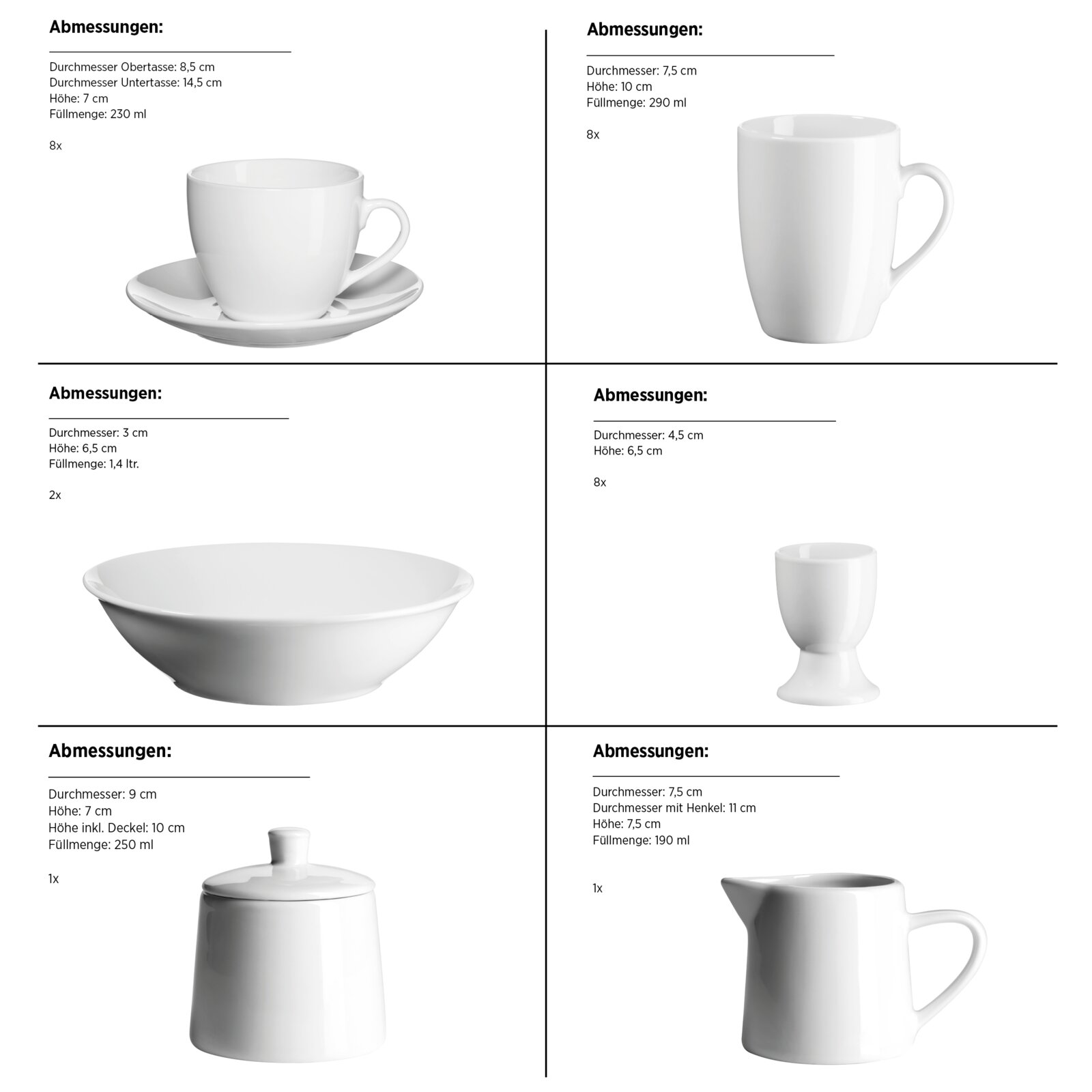 Weißes Porzellan-Geschirrset mit Tasse und Untertasse, Becher, Schüssel, Eierbecher, Zuckerdose mit Deckel und Milchkännchen; Studioaufnahme in seitlicher 3/4-Ansicht mit Maßangaben im Hintergrund.