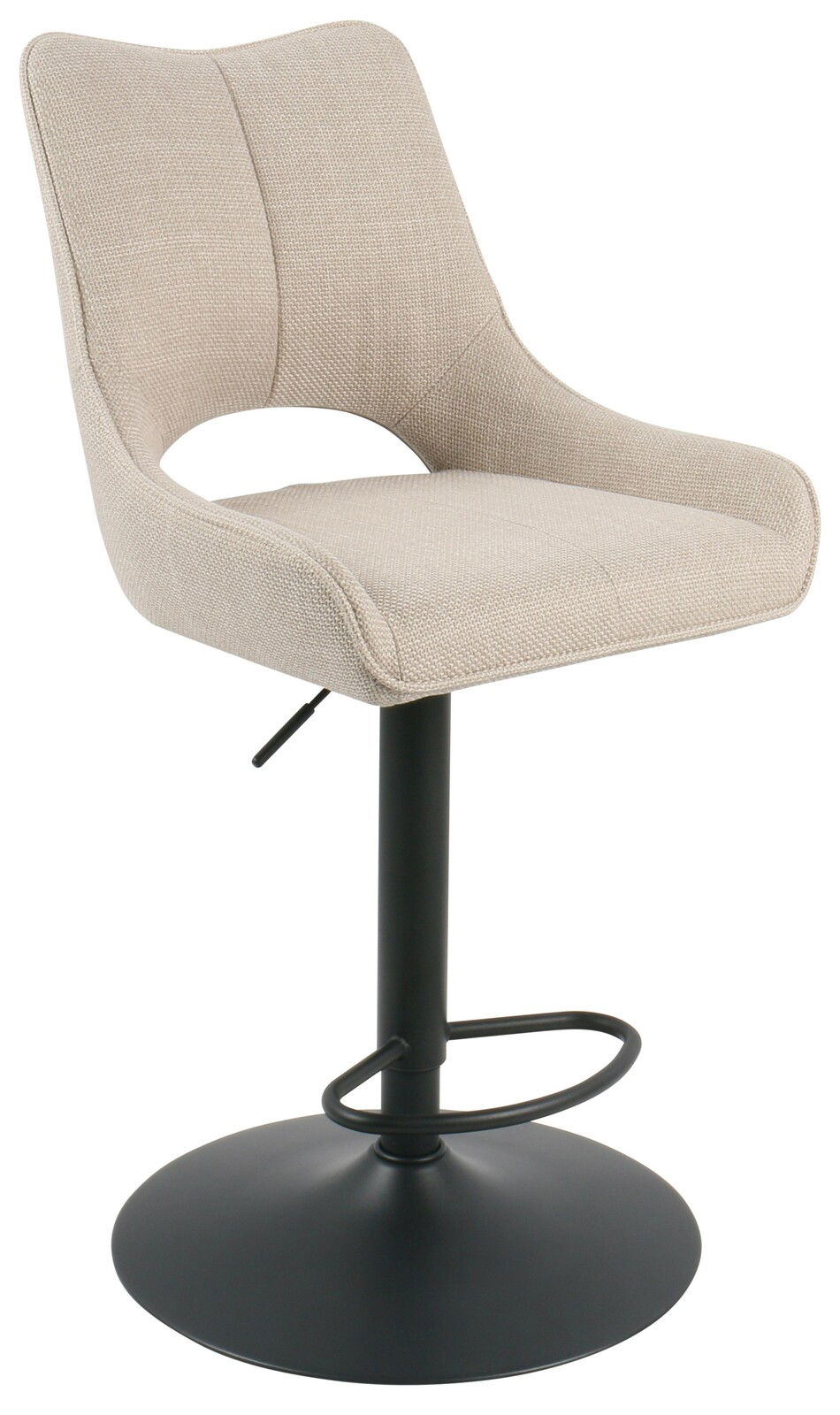 Moderner Barhocker mit beigem Stoffbezug und schwarzem Metallfuß, seitliche Perspektive