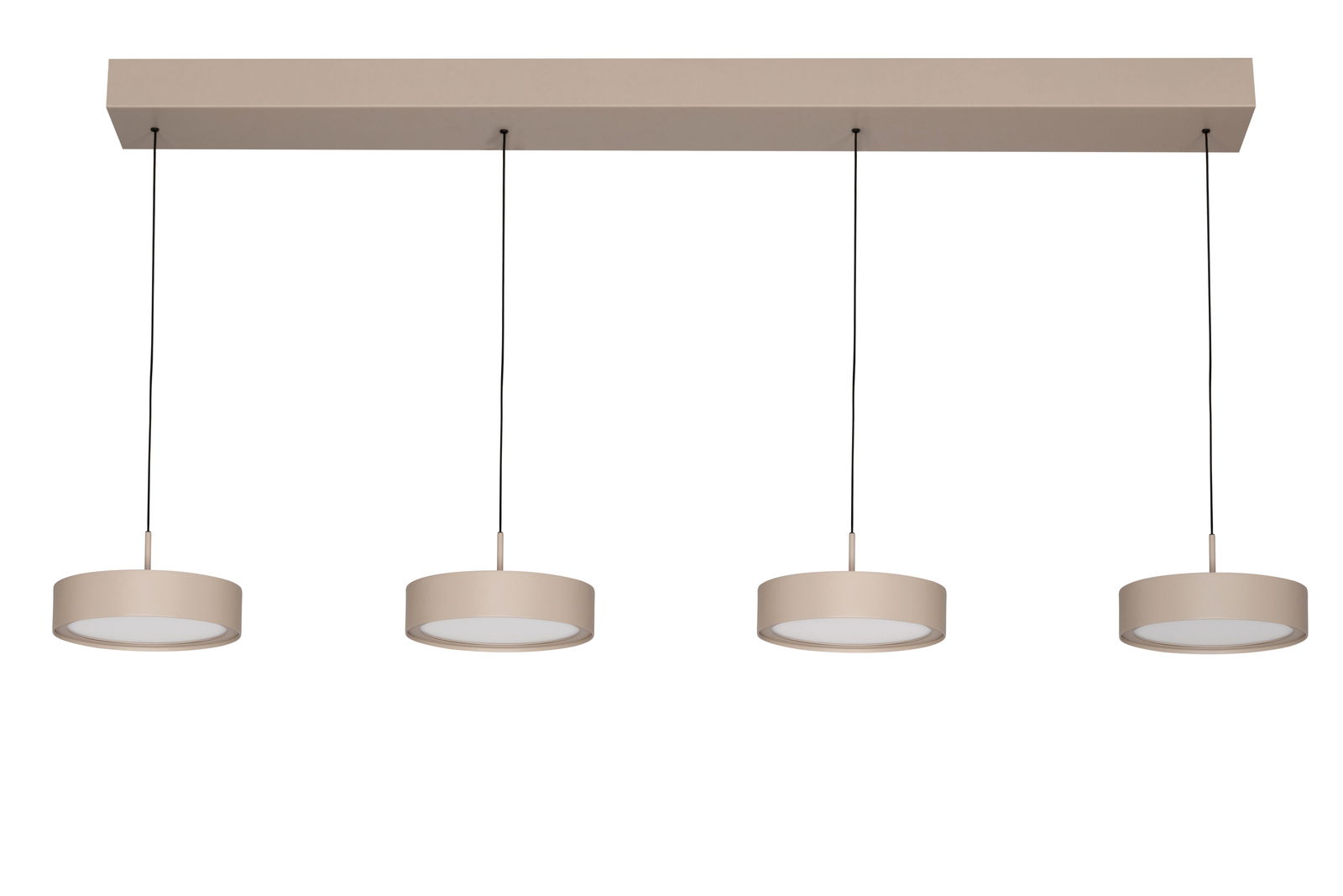 Moderne LED-Hängeleuchte mit vier runden, beige-farbenen Lampenschirmen, von der Seite betrachtet.