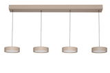Moderne LED-Hängeleuchte mit vier runden, beige-farbenen Lampenschirmen, von der Seite betrachtet.