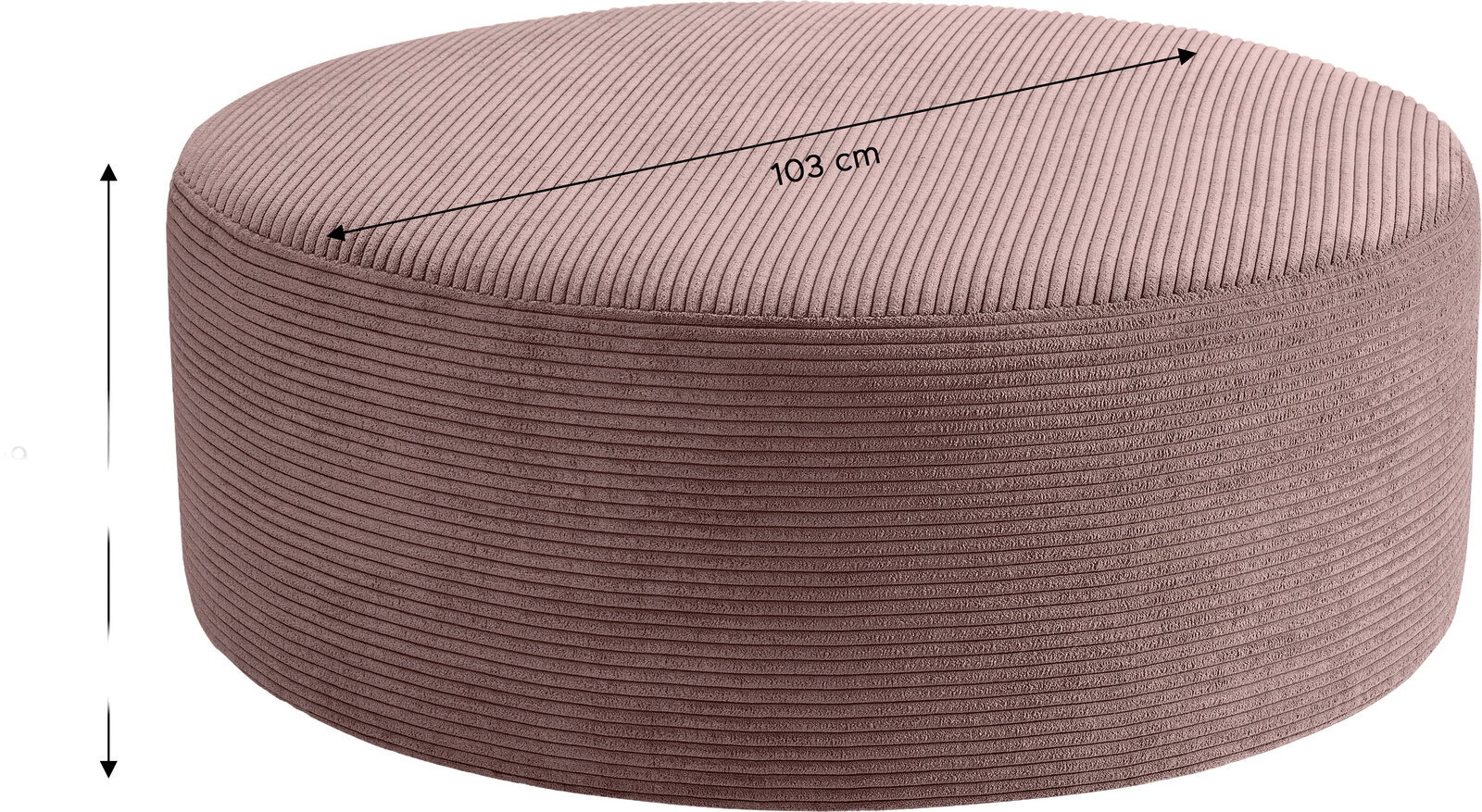 Runder, gerippter Sitzpouf/Hocker in Altrosa mit Maßangabe 103 cm auf der Oberseite, freigestellt auf weißem Hintergrund, Ansicht schräg von oben (3/4-Perspektive).