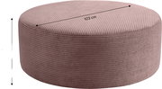 Runder, gerippter Sitzpouf/Hocker in Altrosa mit Maßangabe 103 cm auf der Oberseite, freigestellt auf weißem Hintergrund, Ansicht schräg von oben (3/4-Perspektive).