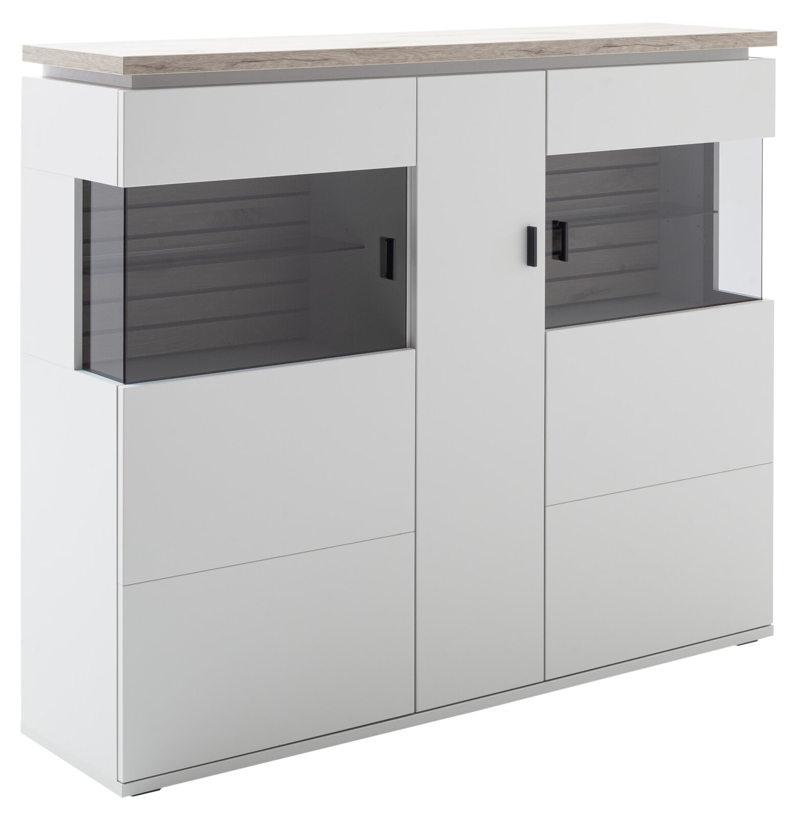 Stylife Highboard ESTEPONA Modernes Sideboard/Highboard in Weiß mit Holzoptik-Deckplatte, zwei getönten Glas-Schiebetüren und schwarzen Griffen, frontal in leichter Schrägansicht von vorn fotografiert
