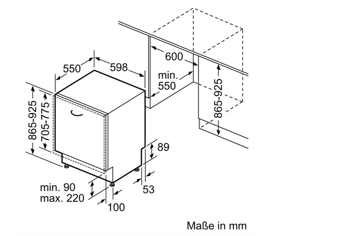 Technische Zeichnung eines Einbaugeschirrspülers mit den Maßen 865-925 mm Höhe, 598 mm Breite und 550 mm Tiefe. Perspektive von vorne links.