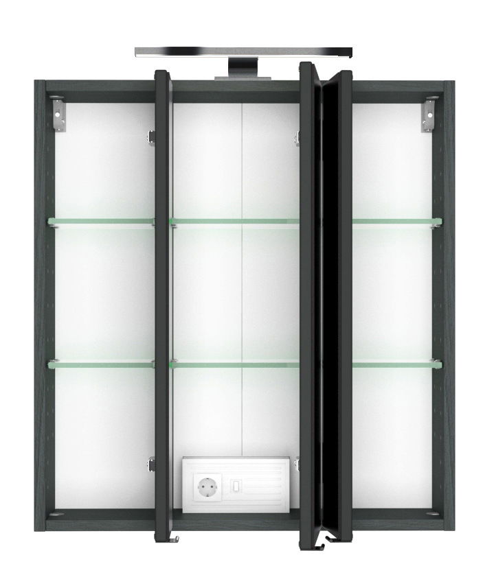 Spiegelschrank mit drei Türen, teilweise geöffnet, mit Glasregalen und integrierter Steckdose, Ansicht von vorne.