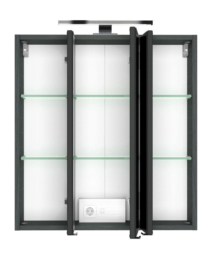 Spiegelschrank mit drei Türen, teilweise geöffnet, mit Glasregalen und integrierter Steckdose, Ansicht von vorne.