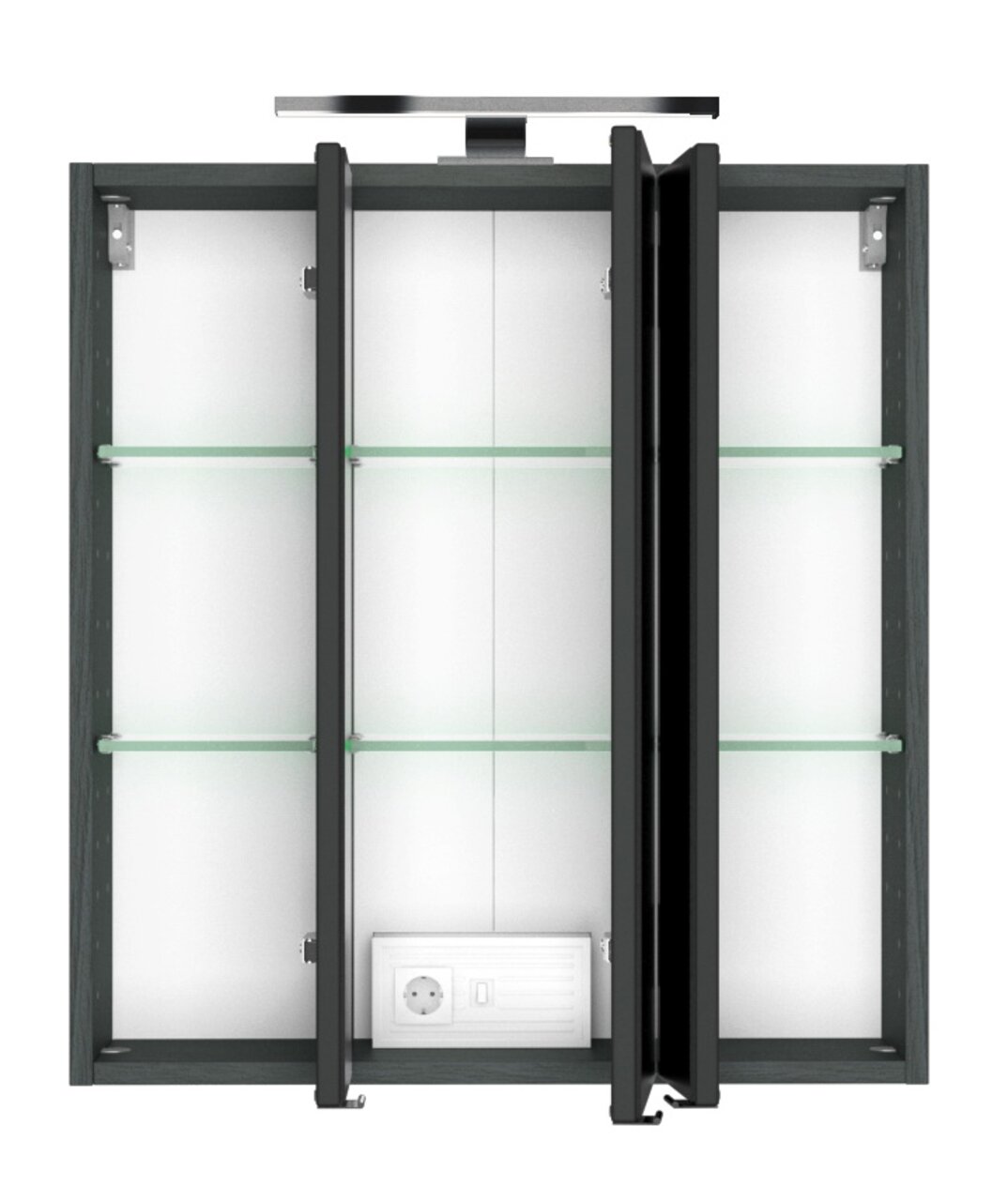 Spiegelschrank mit drei Türen, teilweise geöffnet, mit Glasregalen und integrierter Steckdose, Ansicht von vorne.