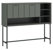 Moderner Barschrank SHIRLEY in grauer Farbe mit mehreren Fächern und Türen, auf Metallbeinen stehend, Frontalansicht.