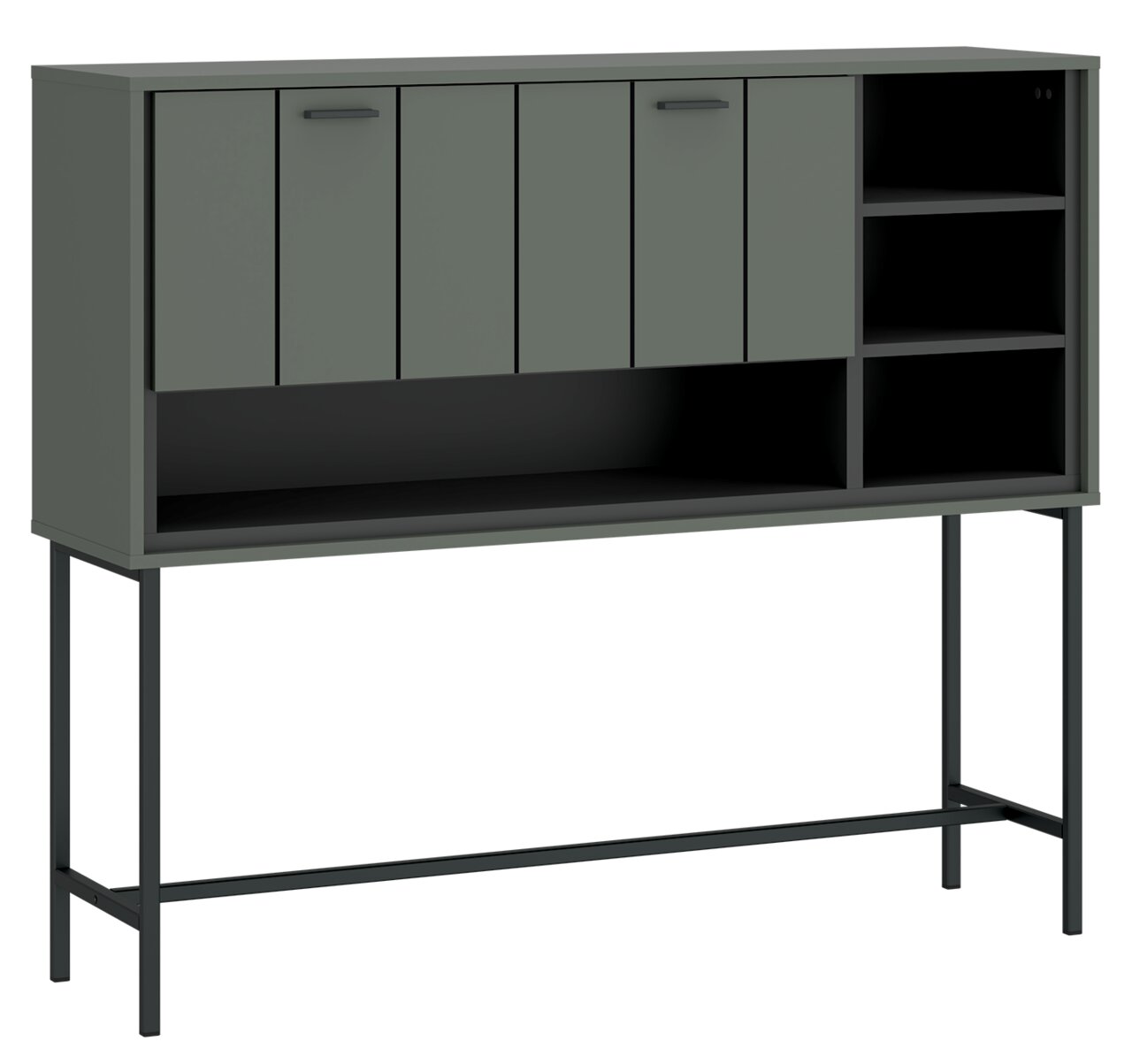Z2 Barschrank SHIRLEY Moderner Barschrank SHIRLEY in grauer Farbe mit mehreren Fächern und Türen, auf Metallbeinen stehend, Frontalansicht.