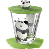 Kindertrinkset mit Panda-Motiv, bestehend aus einem Glas mit grünem Deckel und Untersetzer, frontal abgebildet.
