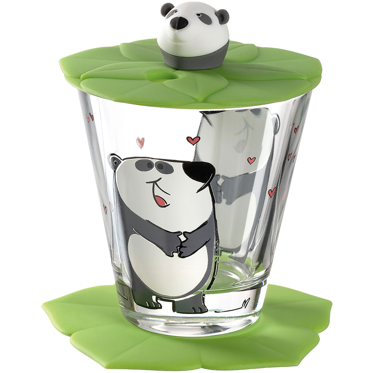 Leonardo Kindertrinkset 3-tlg. Panda Kindertrinkset mit Panda-Motiv, bestehend aus einem Glas mit grünem Deckel und Untersetzer, frontal abgebildet.