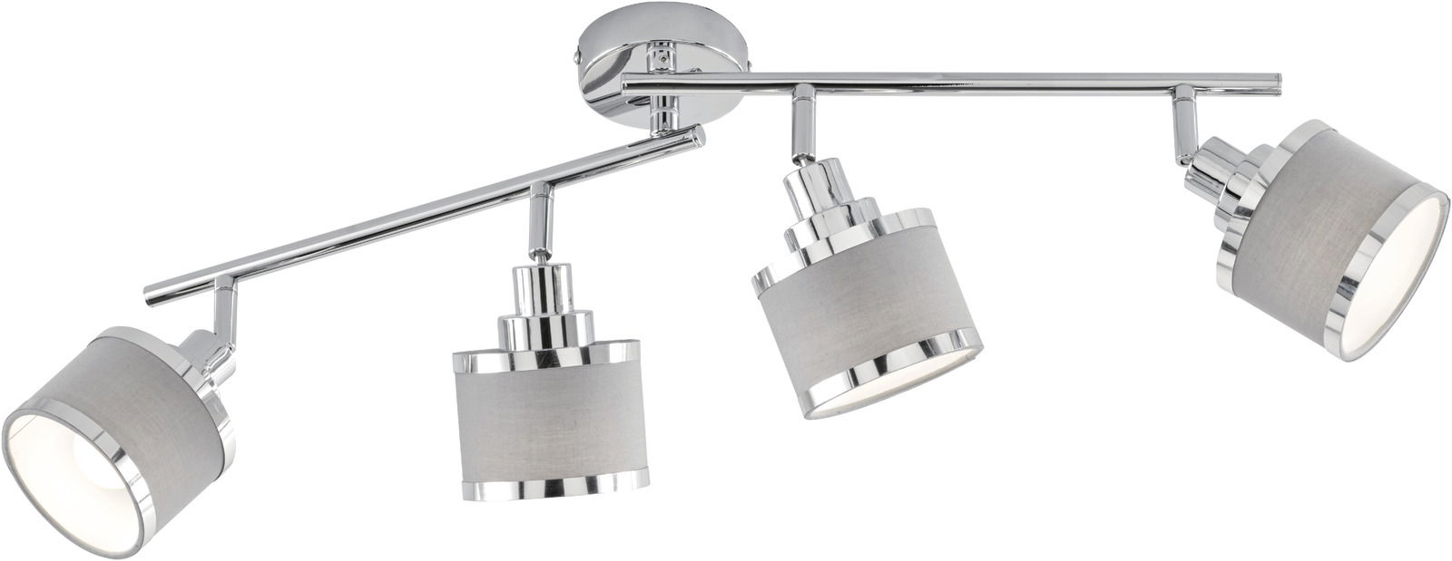 Moderner Deckenstrahler mit vier verstellbaren Lampenschirmen in Grau und Chrom, seitliche Perspektive.