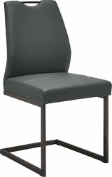 Moderner Schwingstuhl in dunklem Leder mit Metallgestell, seitliche Perspektive