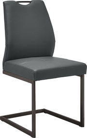 Moderner Schwingstuhl in dunklem Leder mit Metallgestell, seitliche Perspektive