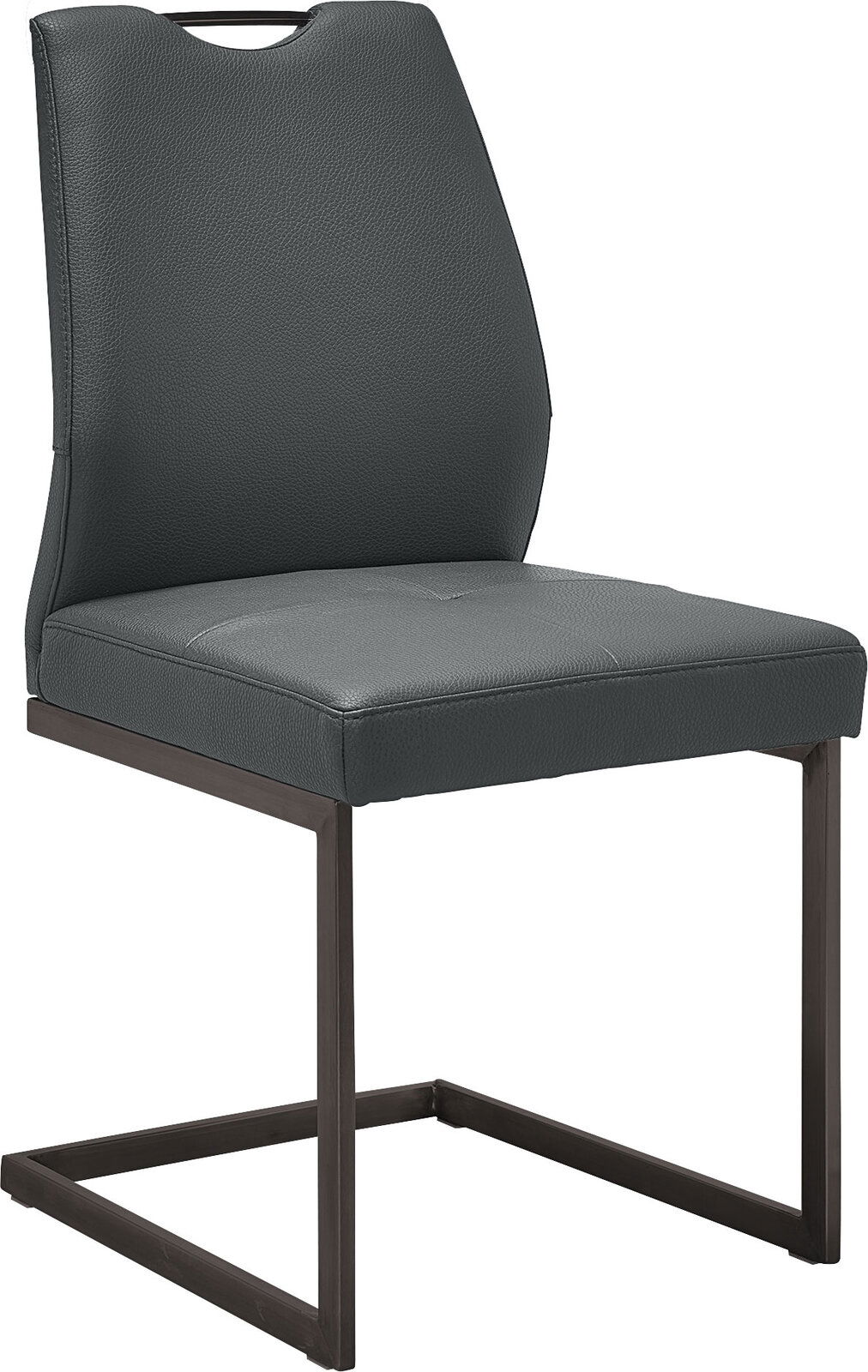 Moderner Schwingstuhl in dunklem Leder mit Metallgestell, seitliche Perspektive