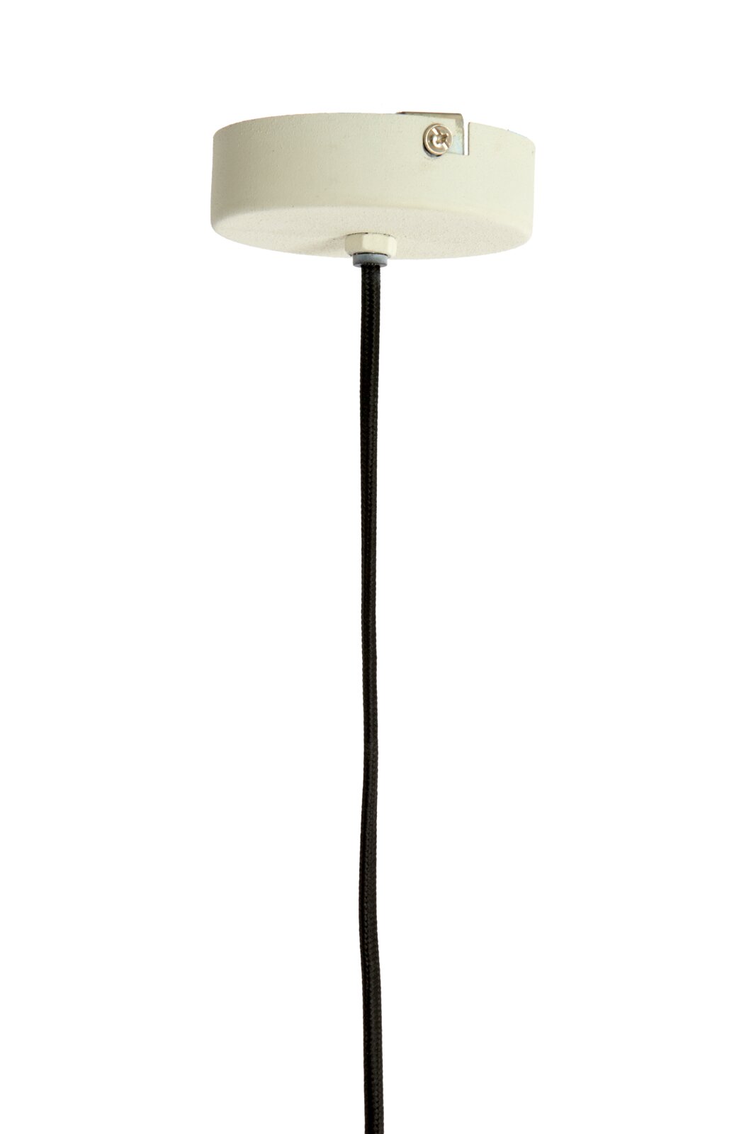 Close-up van een plafondbevestiging met zwarte kabel voor een hanglamp, gezien van onderaf.